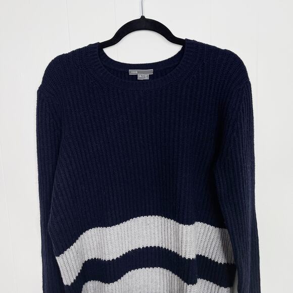 Vince Striped Wool Cashmere Blend Sweater Navy Blue Gray XLarge XL Womens Crew - Picture 3 of 8